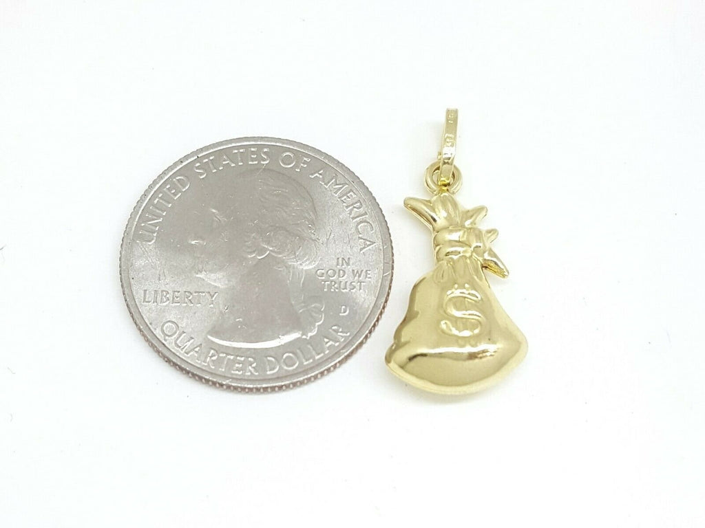 14k yellow gold 3D hollow dollar sign money bag lucky pendant charm gift 1.4g