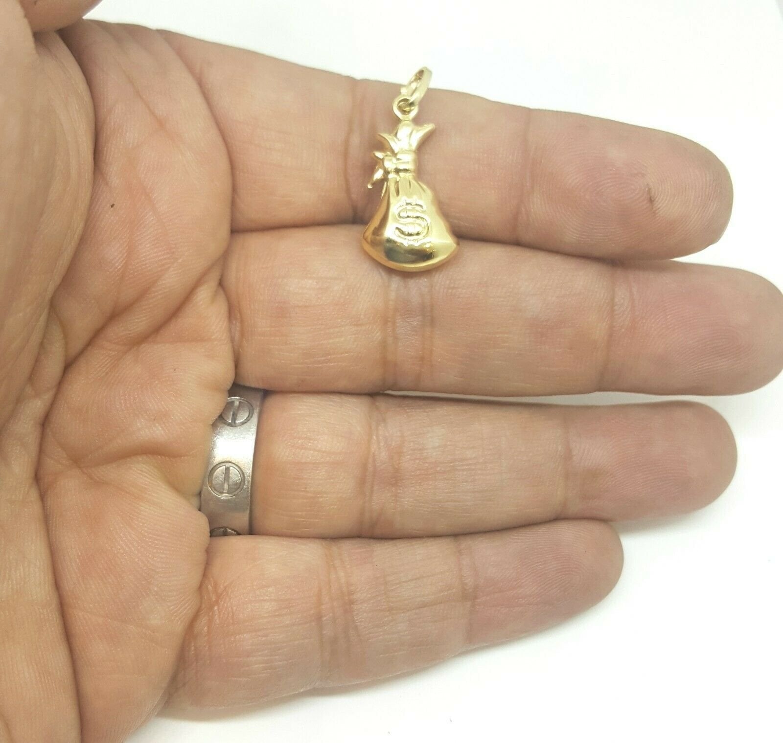 14k yellow gold 3D hollow dollar sign money bag lucky pendant charm gift 1.4g