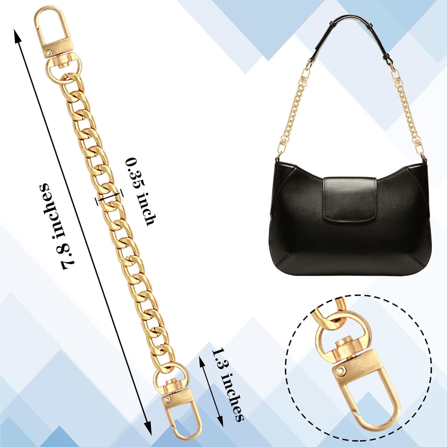 1  Flat Purse Chain Iron Bag Link Chains  Straps Chains with  Buckles Hook for Replacement, DIY Handbags Crafts, 7.9 /20cm()