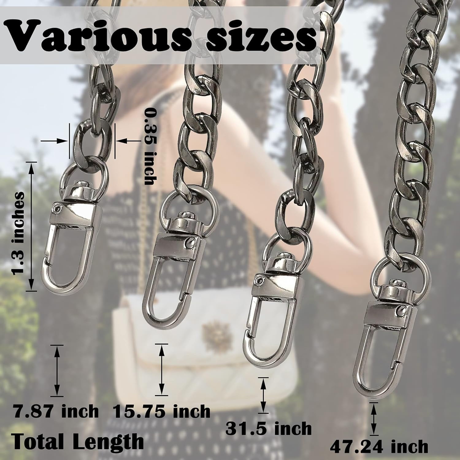 1  Flat Purse Chain Iron Bag Link Chains  Straps Chains with  Buckles Hook for Replacement, DIY Handbags Crafts, 7.9 /20cm()