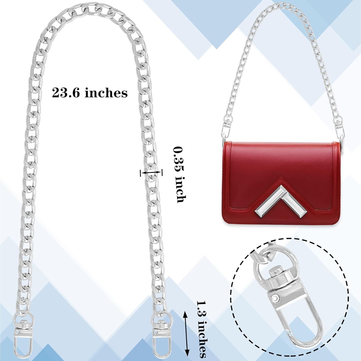 1  Flat Purse Chain Iron Bag Link Chains  Straps Chains with  Buckles Hook for Replacement, DIY Handbags Crafts, 7.9 /20cm()