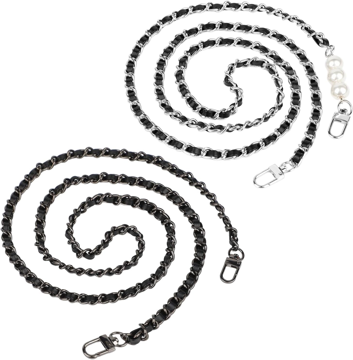 2 count Purse Chain Strap, Leather Iron Flat Chain Strap Handbag Chains Purse Straps Replacement Strap Crossbody Bag Straps Purse Accessories, Black Grey and Black