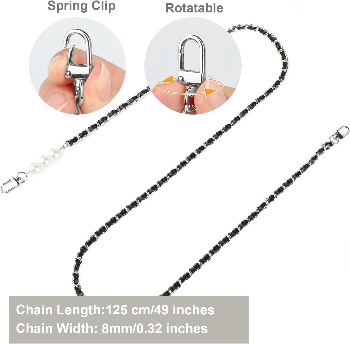 2 count Purse Chain Strap, Leather Iron Flat Chain Strap Handbag Chains Purse Straps Replacement Strap Crossbody Bag Straps Purse Accessories, Black Grey and Black