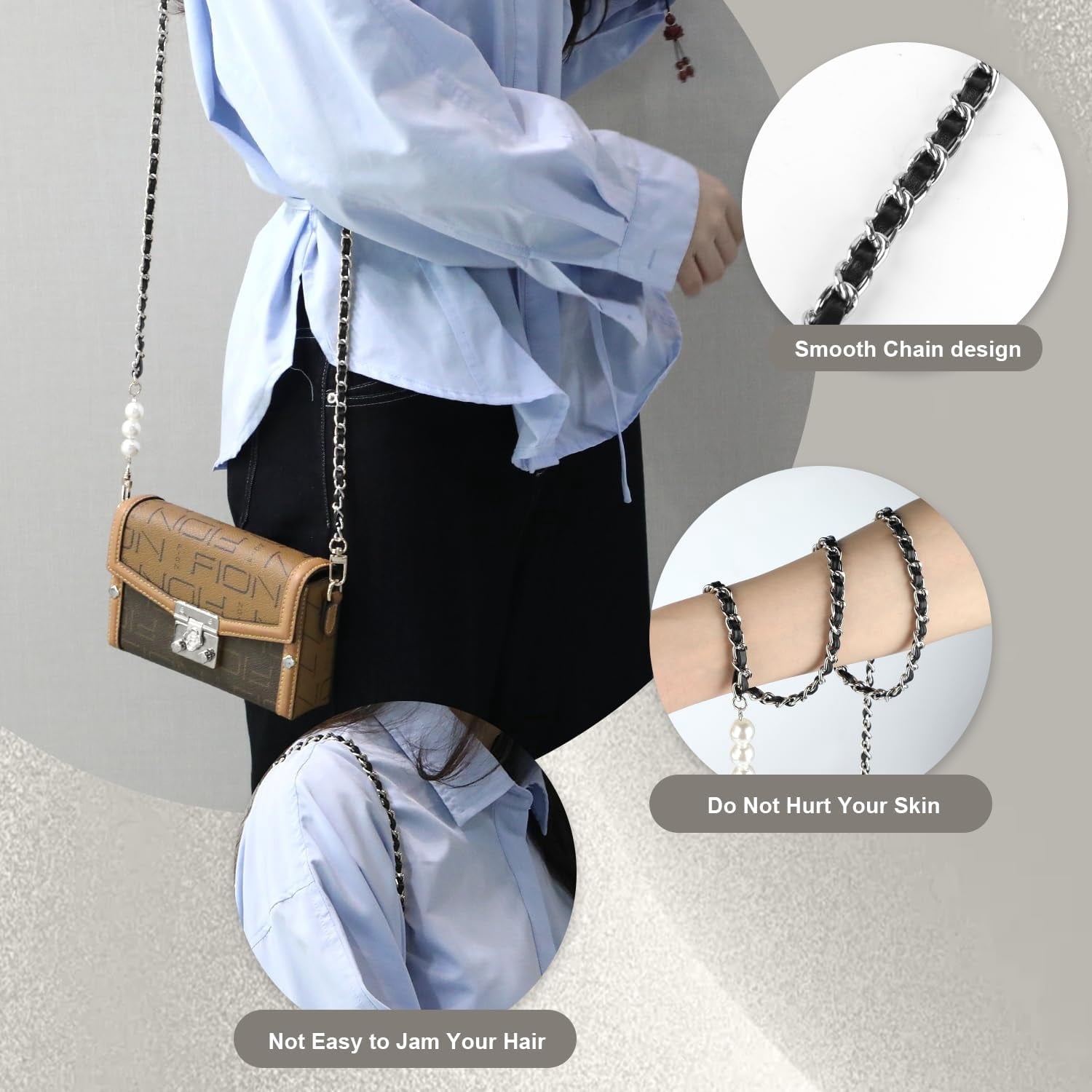 2 count Purse Chain Strap, Leather Iron Flat Chain Strap Handbag Chains Purse Straps Replacement Strap Crossbody Bag Straps Purse Accessories, Black Grey and Black