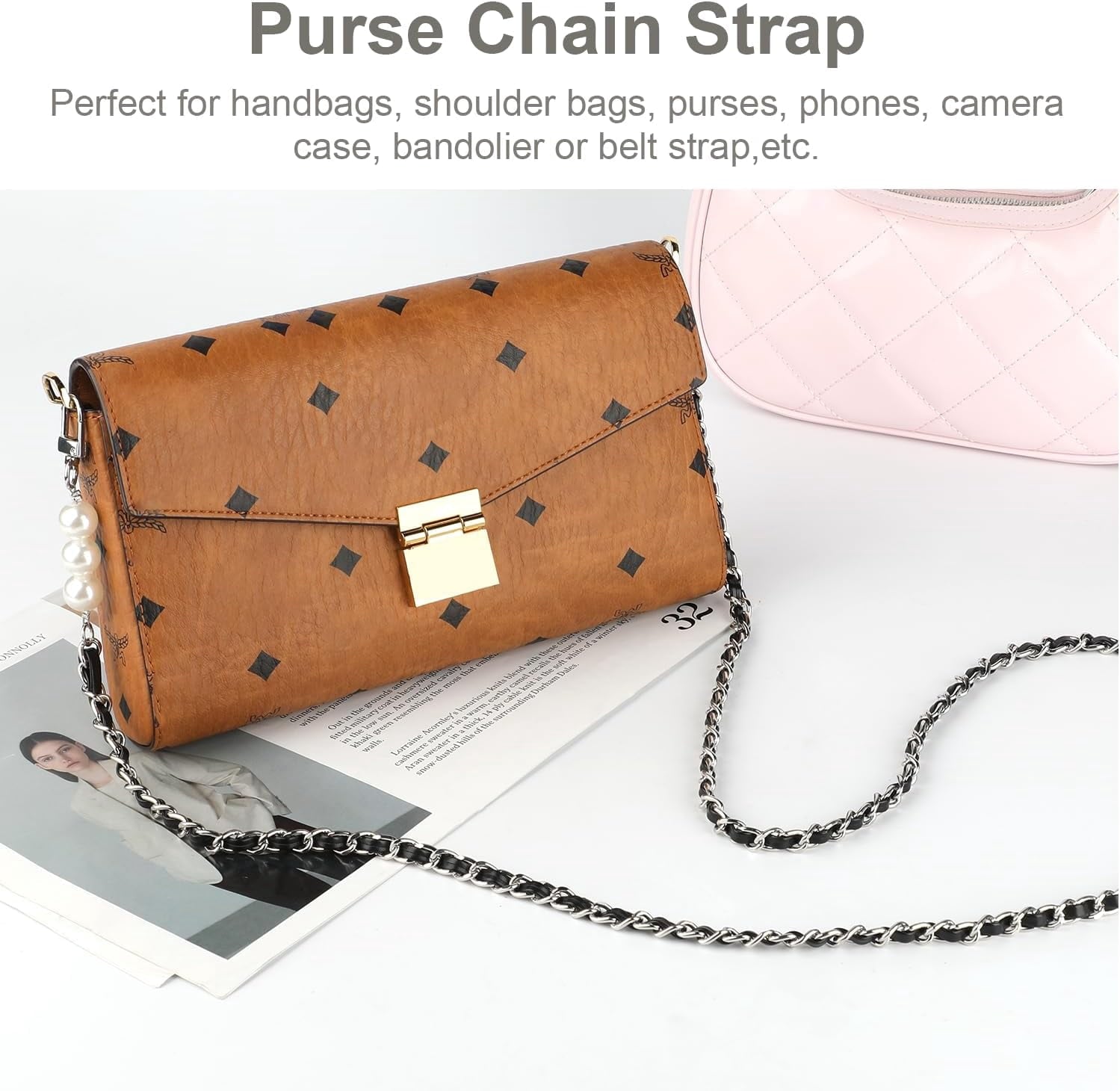 2 count Purse Chain Strap, Leather Iron Flat Chain Strap Handbag Chains Purse Straps Replacement Strap Crossbody Bag Straps Purse Accessories, Black Grey and Black