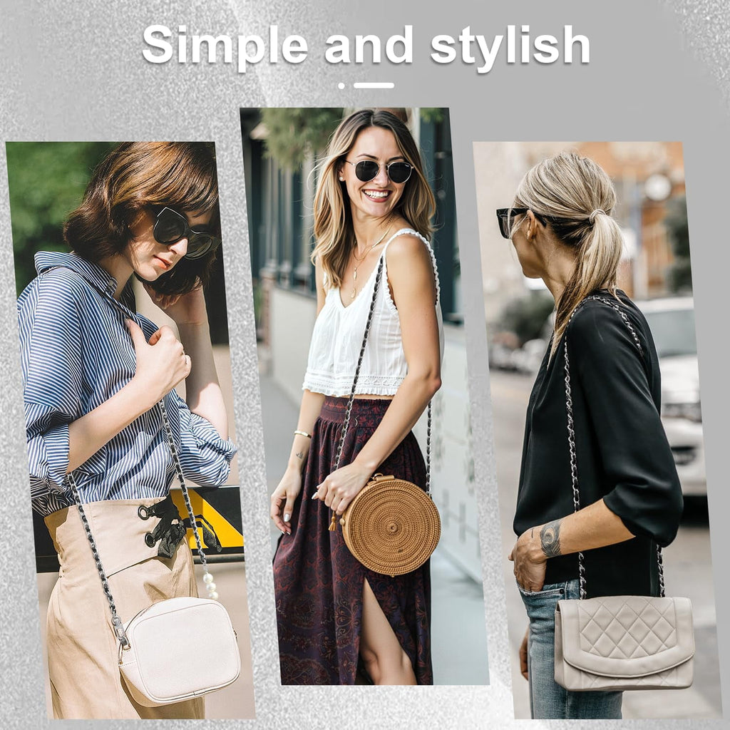 2 count Purse Chain Strap, Leather Iron Flat Chain Strap Handbag Chains Purse Straps Replacement Strap Crossbody Bag Straps Purse Accessories, Black Grey and Black