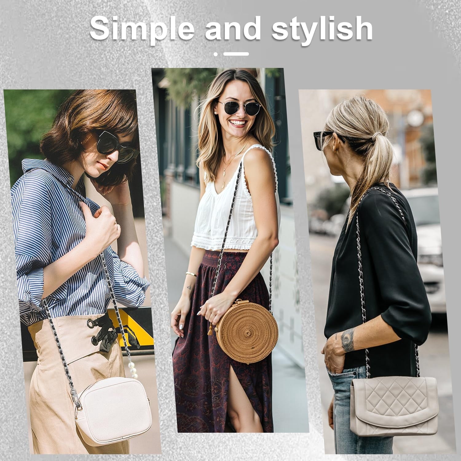 2 count Purse Chain Strap, Leather Iron Flat Chain Strap Handbag Chains Purse Straps Replacement Strap Crossbody Bag Straps Purse Accessories, Black Grey and Black