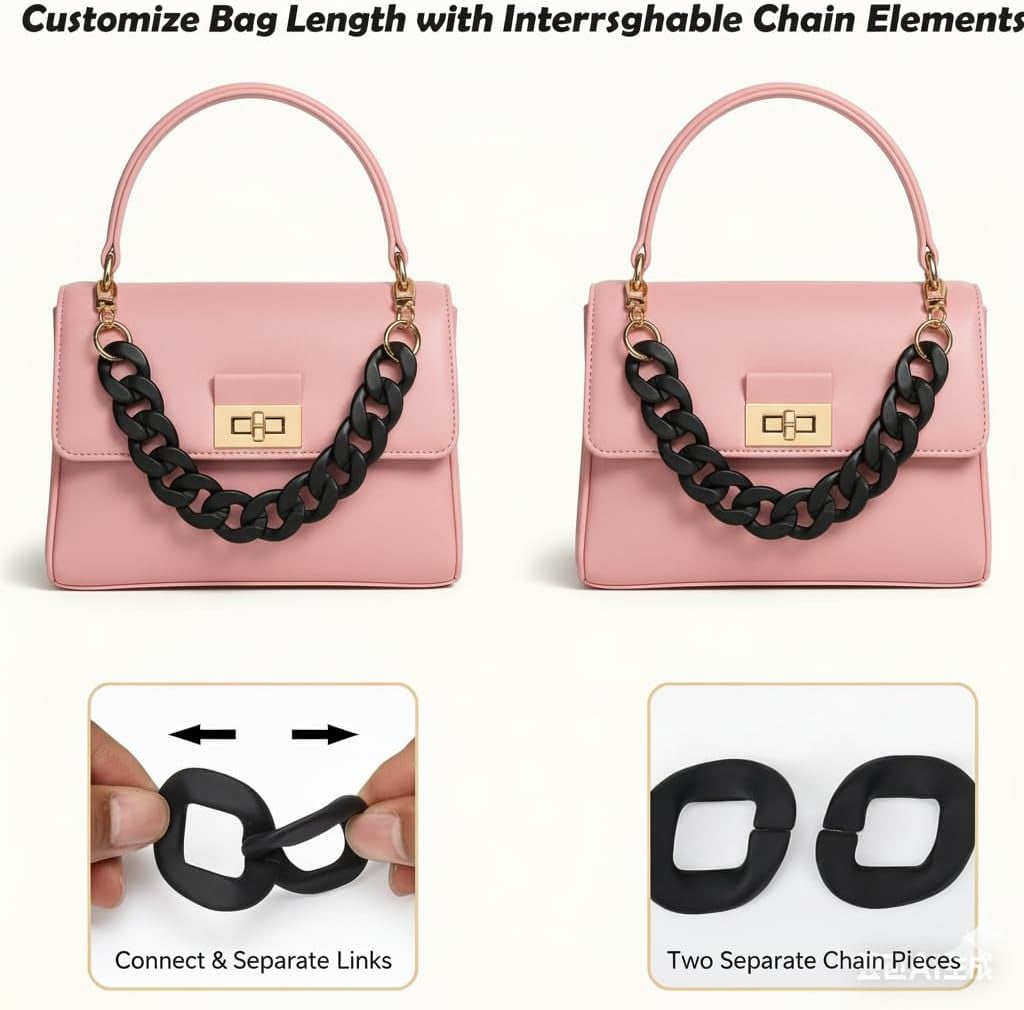Purse Charm Chain for Bags, Handbags Chain Short Bag Chain Strap for Purse,Short Handle Bag Luxury Handbag Strap Decorative Replacement Accessories Chains for DIY Crafts - 18.5in Black