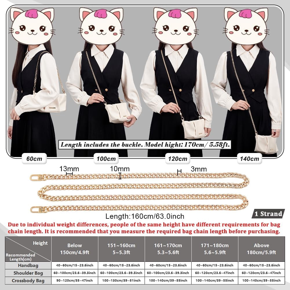 63 inch Flat Purse Chain, Extra Long Iron Corssbody Bag Chains Strap Replacement 10mm Width Golden Handbags Handle for Wallet Clutch Satchel Tote