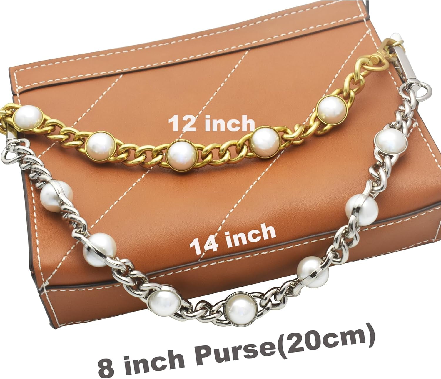 12" Purse Chain Short Strap Extender Replacement Bag Attachment and Accessories,Brass  Twist Chain with White Beads (2Pcs)