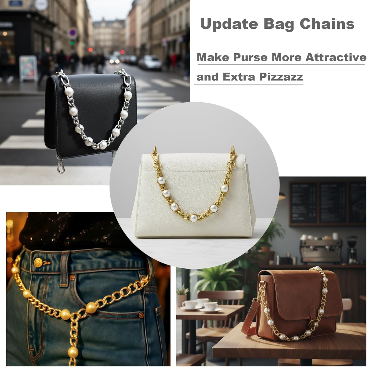 12" Purse Chain Short Strap Extender Replacement Bag Attachment and Accessories,Brass  Twist Chain with White Beads (2Pcs)
