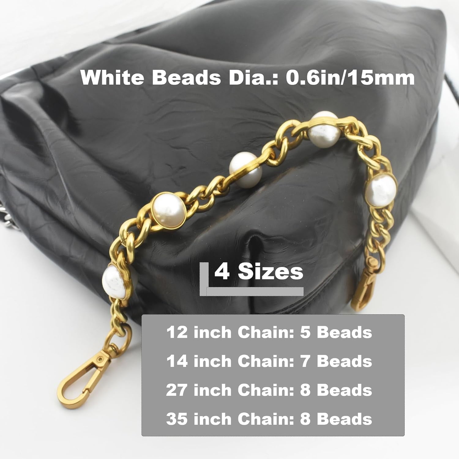 12" Purse Chain Short Strap Extender Replacement Bag Attachment and Accessories,Brass  Twist Chain with White Beads (2Pcs)