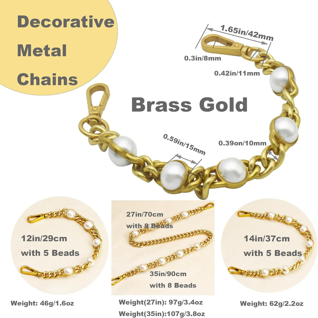 14" Purse Chain Short Strap Extender Replacement Bag Attachment and Accessories, Brass  Twist Chain with White Beads(1Pcs)