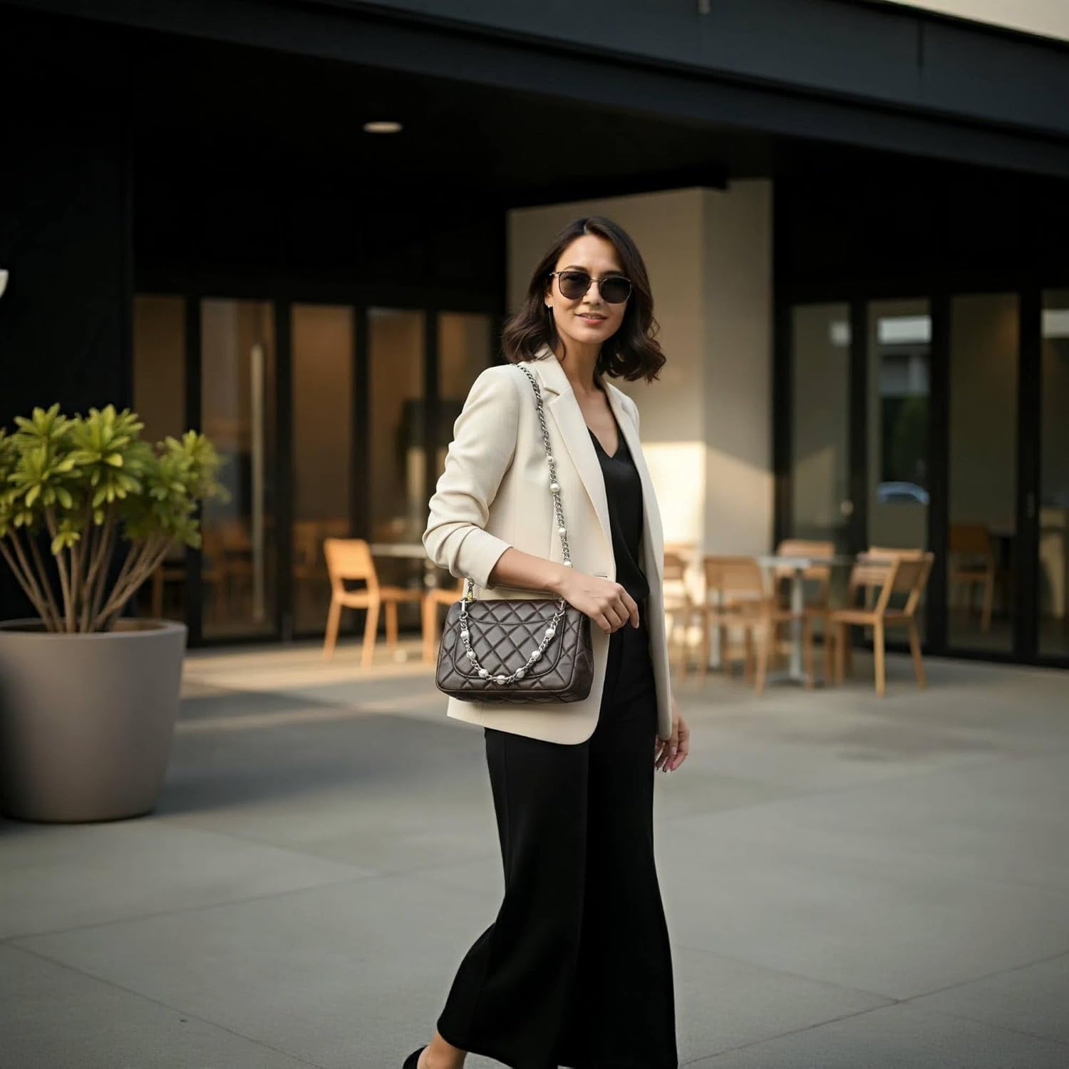 14" Purse Chain Short Strap Extender Replacement Bag Attachment and Accessories, Brass  Twist Chain with White Beads(1Pcs)