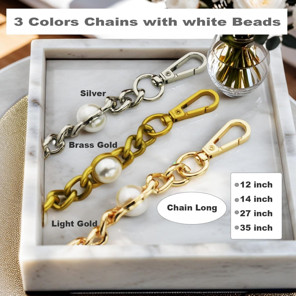 14" Purse Chain Short Strap Extender Replacement Bag Attachment and Accessories, Brass  Twist Chain with White Beads(1Pcs)