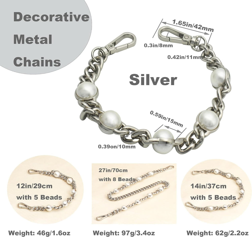 14" Purse Chain Short Strap Extender Replacement Bag Attachment and Accessories, Brass  Twist Chain with White Beads(1Pcs)