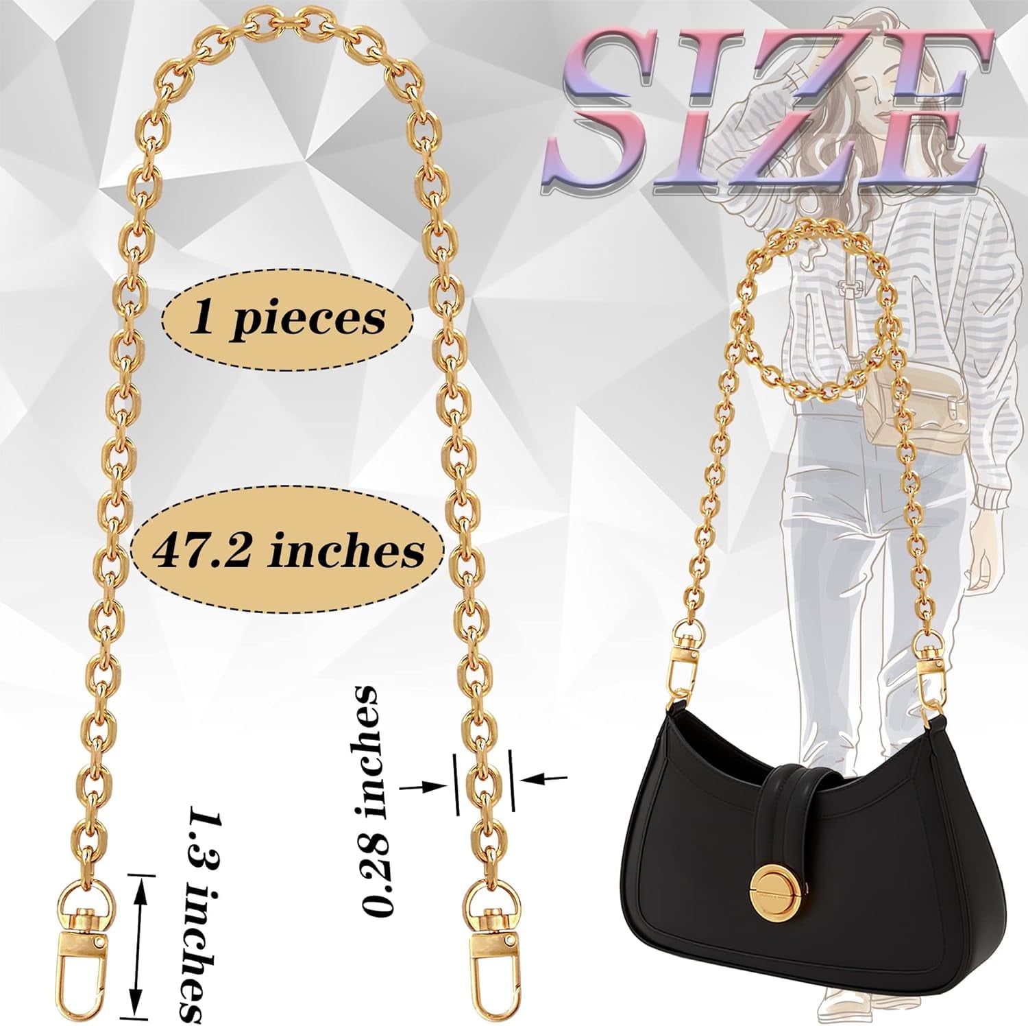 1 count Purse Chain Strap Cross  Chain Strap Replacement Chain for Handbag  Bag Purse(.2 Inches/120cm-O Chain 0.28 Inch, ) .2 Inches-O chain 0.28 Inch