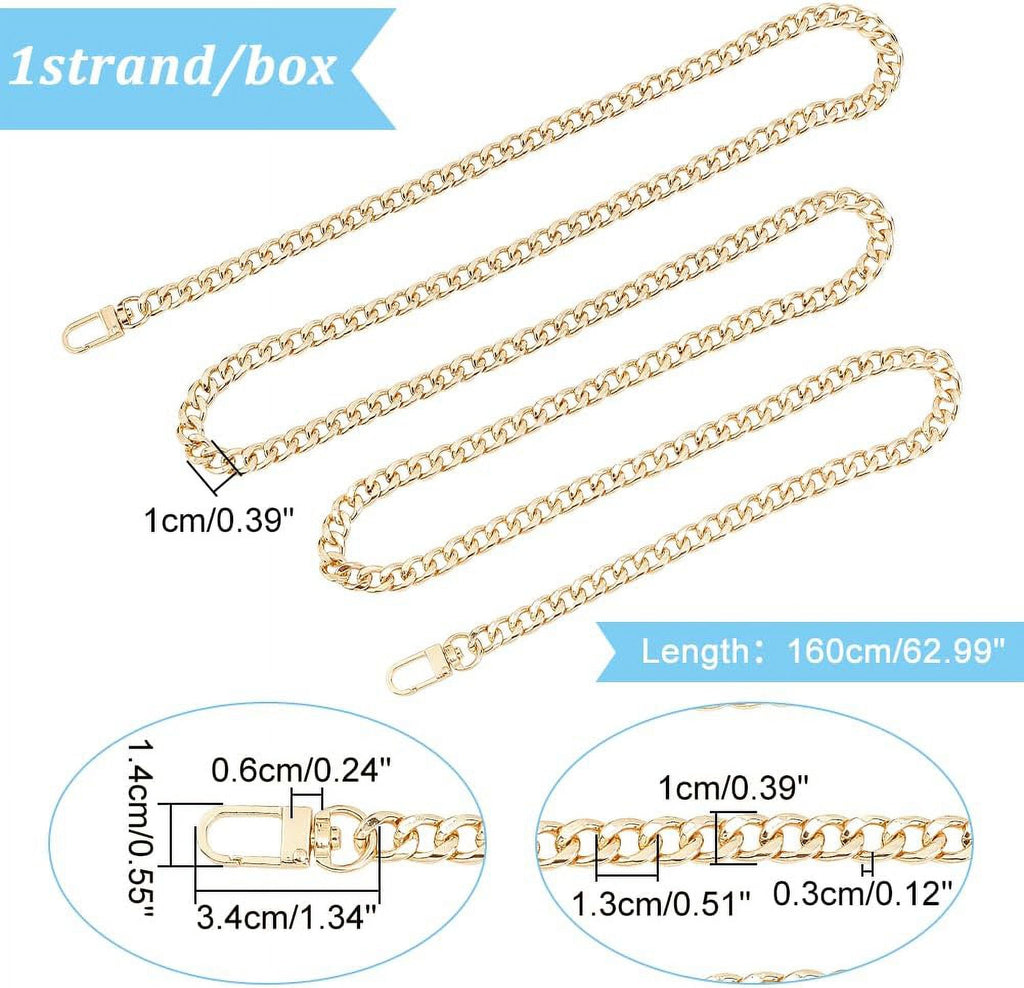63 inch Flat Purse Chain, Extra Long Iron Corssbody Bag Chains Strap Replacement 10mm Width Golden Handbags Handle for Wallet Clutch Satchel Tote