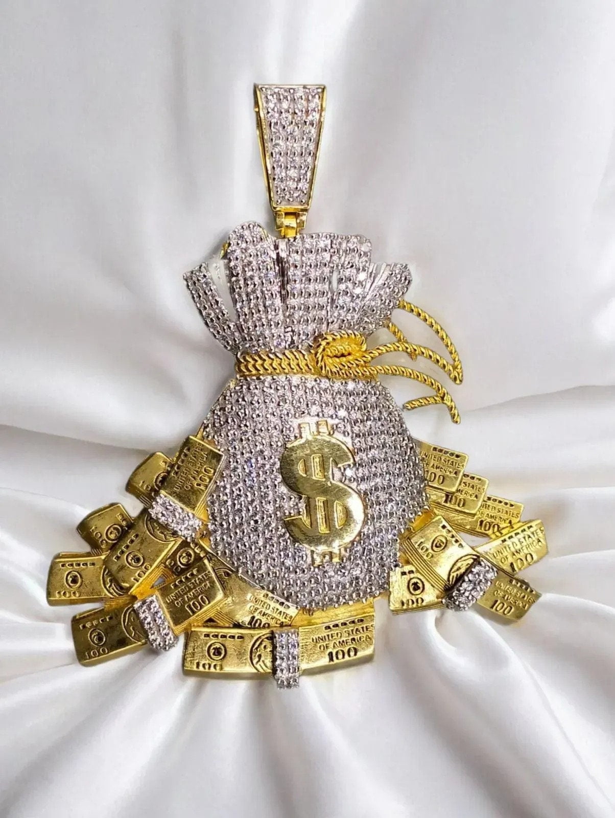 14k Yellow Gold Plated Dollar Bag Pendant Charm - Sterling Silver with Moissanite, Personalized Gift for Anniversary, Birthday, Christmas