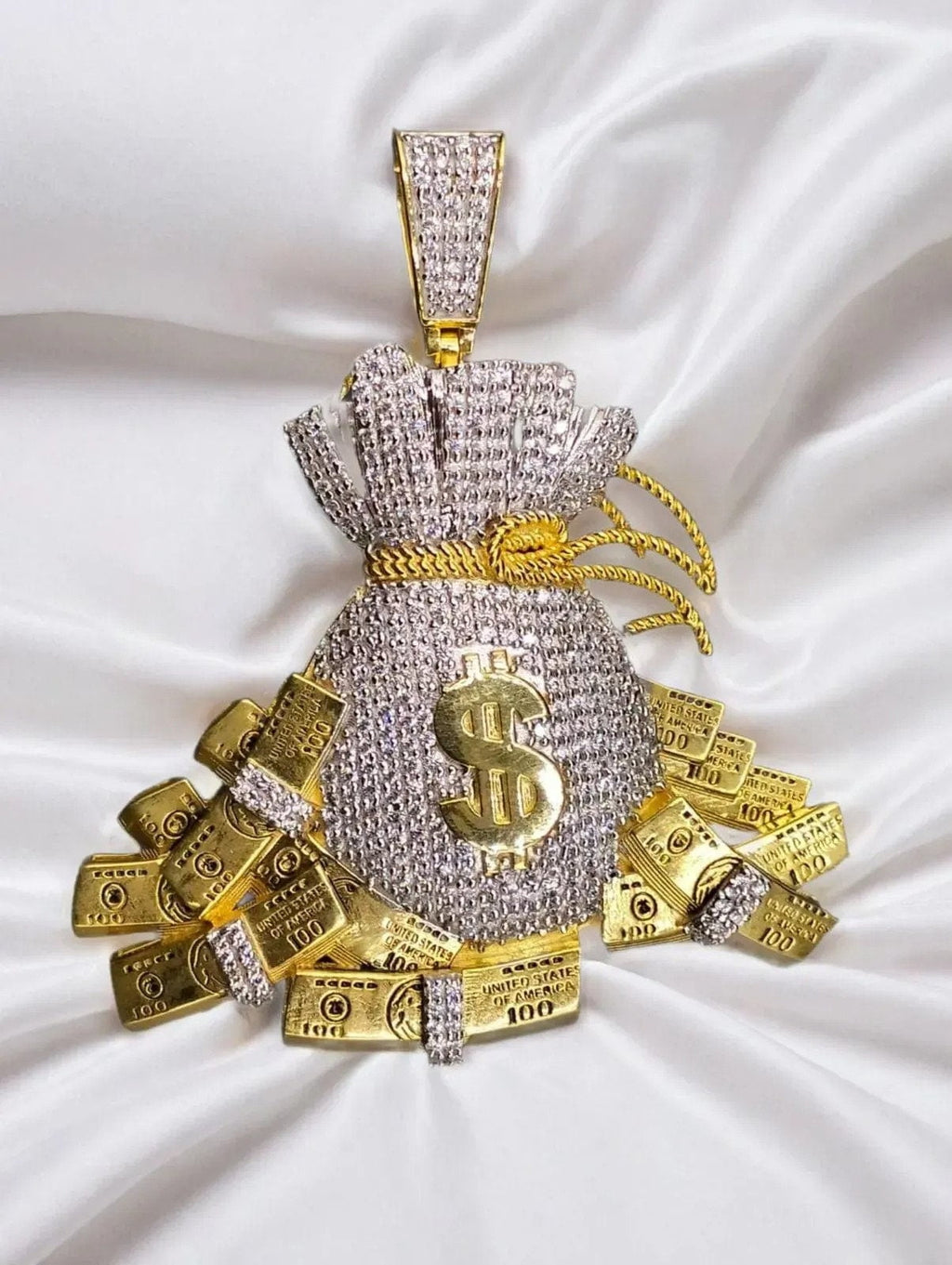 14k Yellow Gold Plated Dollar Bag Pendant Charm - Sterling Silver with Moissanite, Personalized Gift for Anniversary, Birthday, Christmas