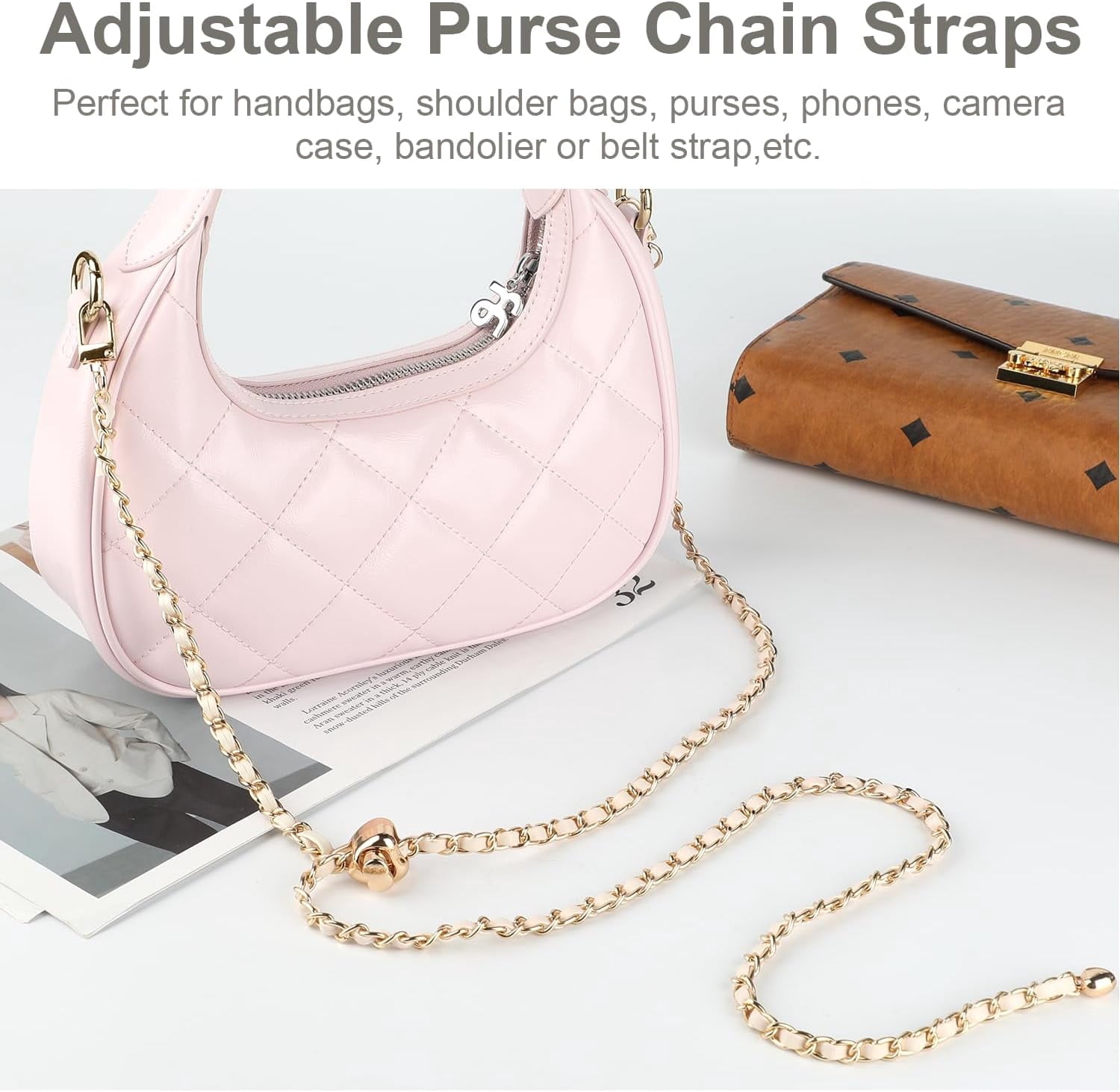 2 count Adjustable Purse Chain Straps,  in   Bag Strap Crossbody, White Leather Chain Strap Replacement for Thin  Bag Chain Handbag Strap,  &amp; White