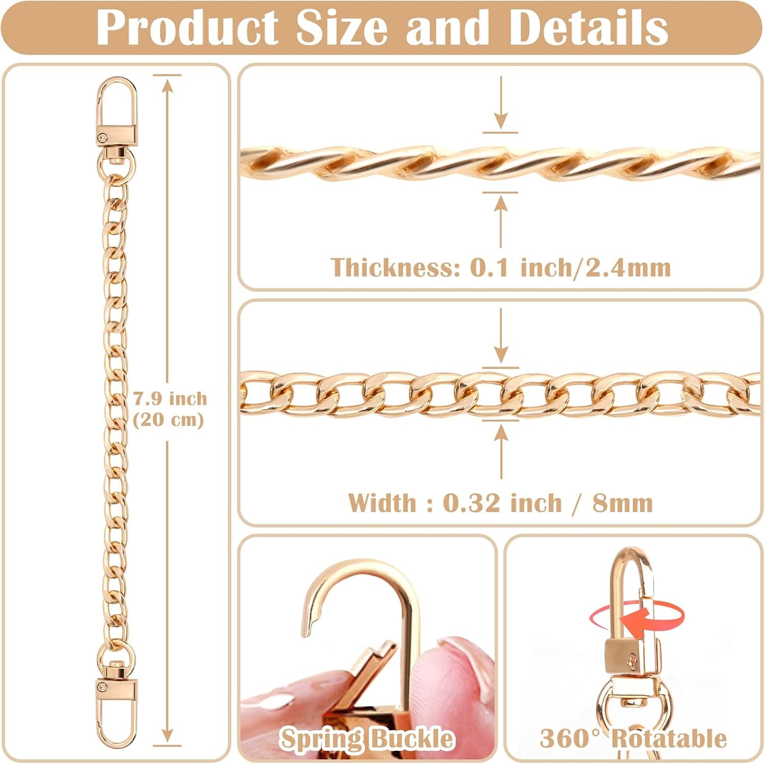 8 count Purse Chain Strap Extender, Length 7.9"  Flat Bag Chain Straps Replacement, Easy to Extender for Crossbody Bag Handbag  (Champagne ,  Black, Light , )