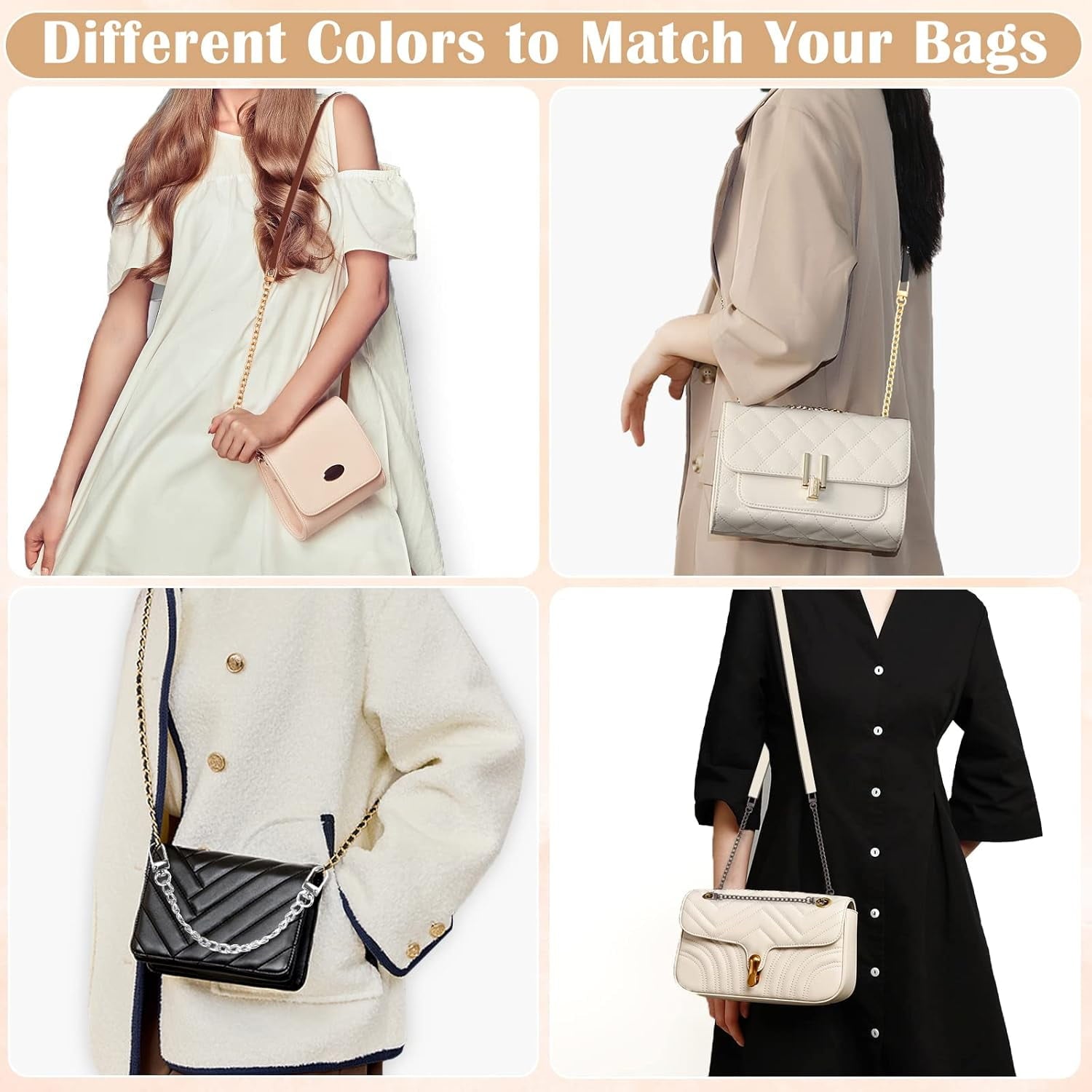 8 count Purse Chain Strap Extender, Length 7.9"  Flat Bag Chain Straps Replacement, Easy to Extender for Crossbody Bag Handbag  (Champagne ,  Black, Light , )