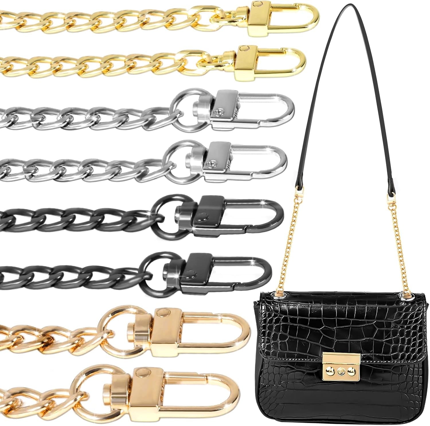 8 count Purse Chain Strap Extender, Length 7.9"  Flat Bag Chain Straps Replacement, Easy to Extender for Crossbody Bag Handbag  (Champagne ,  Black, Light , )