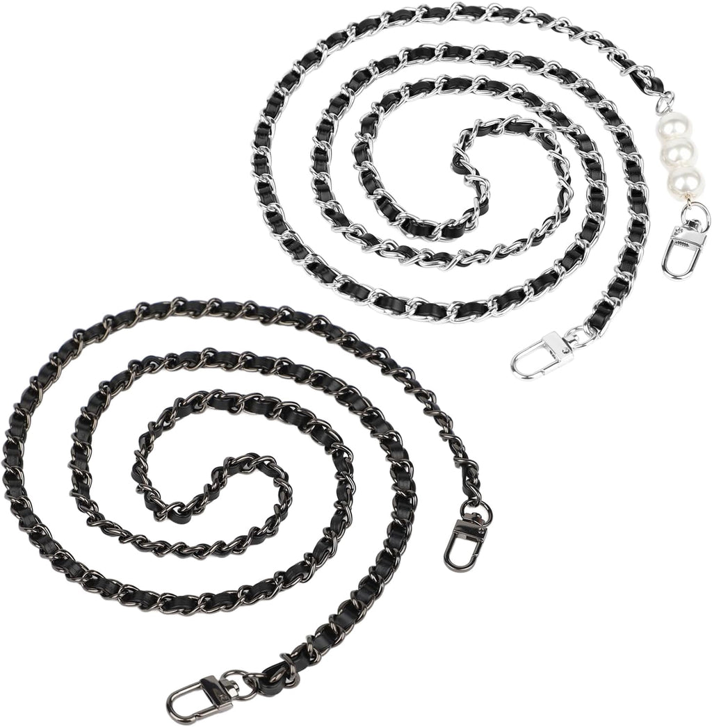2 count Purse Chain Strap, Leather Iron Flat Chain Strap Handbag Chains Purse Straps Replacement Strap Crossbody Bag Straps Purse Accessories, Black Grey and Black